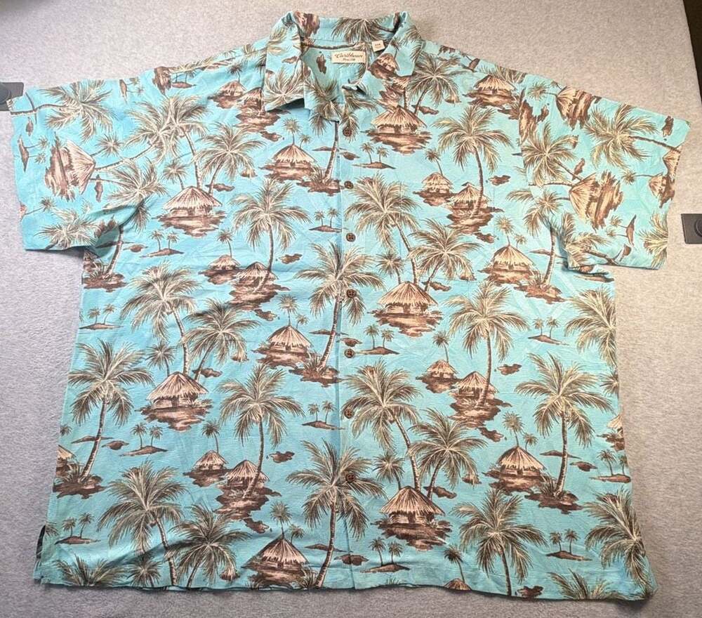 Caribbean Pure Silk Mens Tropical Palm Tree & Hut Print ButtonUp Shirt, Size 4XB
